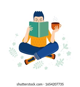 Literary fan. Teenage boy loving of literature reads a book and drinks tea or coffee. Young man with a book in his hand. Hand drawn cartoon character on a white background. Scandinavian illustration