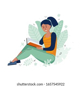 Literary fan. A teenage girl who loves literature reads a book in nature. Young woman with a book in her hand. Drawn cartoon character in a vector on a white background. Scandinavian flat illustration