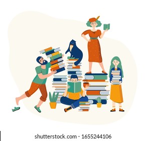 Literary fans. Family reads books. Mom, dad, daughter, son and cat among many books. Smart, educated family. Family shared leisure. People in the library. Hand drawn vector illustration