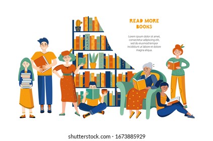 Literary fans. The family reads books in the home library. People of different genders and ages like to read books. Funny cartoon characters. Banner template with space for text. Vector illustration