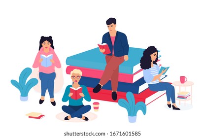 Literary fans. A group of tiny people sits near and on a huge stack of books. Students prepare for the exam