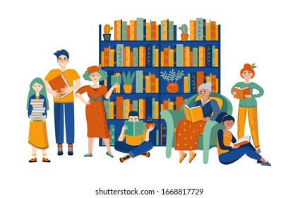 Literary Fans. People In The Library. Family In A Home Library Reading Books. Hand Drawn Illustration