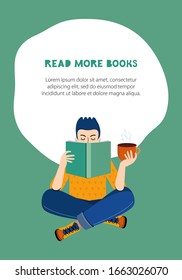 Literary fans. A smart boy reads a book and drinks coffee or tea. The concept of home learning and self-development. Template for the banner. Space for your text. Drawn illustration in vector