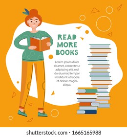 Literary fans. Smart woman reads a book. Concept of trainings and self-development. Template for banner in social networks and web pages. Space for your text. Hand drawn illustration in vector