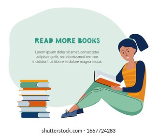 Literary fans. Smart woman reads a book. Concept of home schooling and self-development. Template for banner in social networks and web pages. Space for your text. Hand drawn illustration in vector