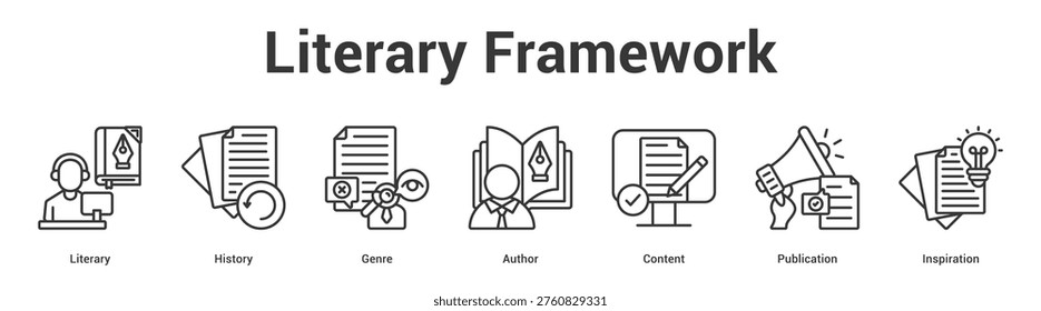Literary Framework web banner icon set vector illustration concept for business with icon of Literary, History, Genre, Author, Conte.