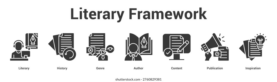 Literary Framework web banner icon set vector illustration concept for business with icon of Literary, History, Genre, Author, Conte.