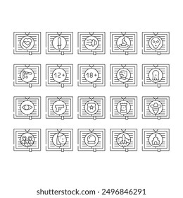 Literary Genre Categories Classes Icons Set Vector. Fantasy And Science Fiction, Action Adventure And Paranormal, Crime And Magic Literary Genre Black Contour Illustrations