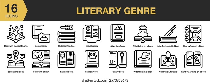 Literary Genre icon set. Includes library, literary, fiction, literature, romance, and More. Outline icons vector collection.