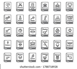 Literary genres book icons set. Outline set of literary genres book vector icons for web design isolated on white background