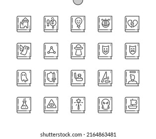 Literary Genres Books. Bookstore, Reading, Library Content. Childrens Literature, Drama, Tragedy, Thriller And Other. Pixel Perfect Vector Thin Line Icons. Simple Minimal Pictogram