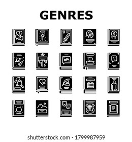 Literary Genres Books Collection Icons Set Vector. Drama And Fairy Tale, Fantasy And Historical, Business And Science Fiction Genres Glyph Pictograms Black Illustrations