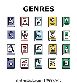 Literary Genres Books Collection Icons Set Vector. Drama And Fairy Tale, Fantasy And Historical, Business And Science Fiction Genres Color Contour Illustrations