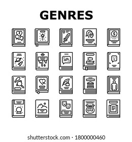 Literary Genres Books Collection Icons Set Vector. Drama And Fairy Tale, Fantasy And Historical, Business And Science Fiction Genres Black Contour Illustrations