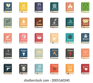 Iconos de géneros literarios establecidos. Conjunto plano de iconos vectoriales de géneros literarios aislados en fondo blanco