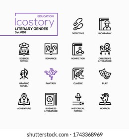 Literary genres - line design style icons set. Bookstore, reading, library content. Detective, biography, fiction and nonfiction, books for children, graphic novel, fantasy, classic, business, horror