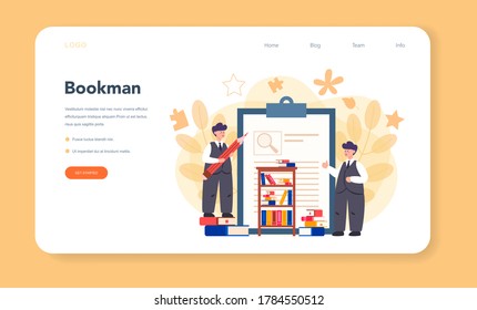 Literary scholar or critic web banner or landing page. Scientist studying and research works of literature, history of literature, genres, and literary criticism. Flat vector illustration