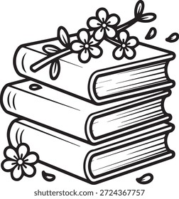Tema literario, pila de libros, flores delicadas, ramas de primavera, pétalos delicados, ilustración de contorno, diseño simple, líneas limpias, bosquejo en blanco y negro, concepto educativo.