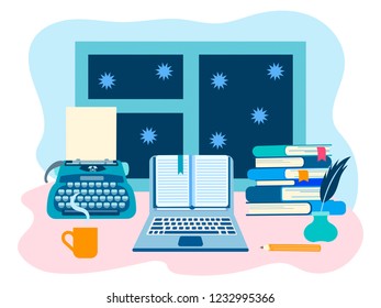 Literaturworkshop, der Arbeitsraum des Autors, literarische Arbeit. Vektorillustration-Illustration für Webdesign, Blogging, Social Networks