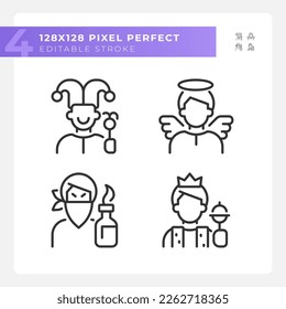 Arquetipos de literatura iconos lineales perfectos de píxeles. Rasgos de personalidad. Psicoanálisis. Personajes poderosos. Símbolos de línea delgada personalizables. Ilustraciones aisladas del contorno vectorial. Trazo editable