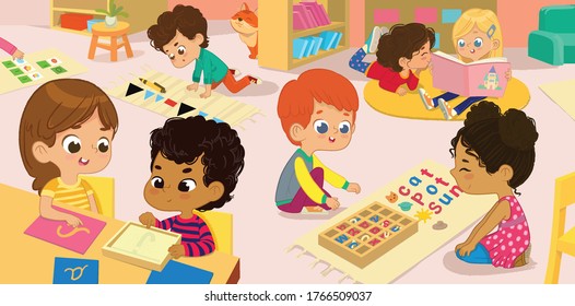 The Literature Area of Montessori Class. Children practice writing letters parts of the speech and words. Girls are reading books to each other in a book corner