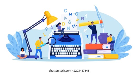 Literature. Author writing chapter of novel, poetry book. Bestseller publishing. People standing near typewriter with paper and words, reading book. Screenwriter, poet or journalist working on article