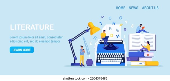Literature. Author writing chapter of novel, poetry book. Bestseller publishing. People standing near typewriter with paper and words, reading book. Screenwriter, poet or journalist working on article
