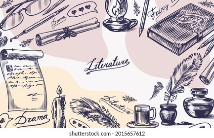 Literature background. Ink and pen, typewriter, coffee and lamp, stack of books and teacher, School essay, Written work. Vintage retro poster or banner. Doodle style. Engraved Hand drawn sketch.