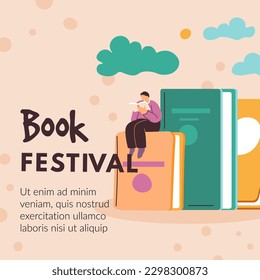 Festival de literatura y libros, lectura de publicaciones y preparación para los exámenes. Descuentos y ventas en libros de texto y novelas, cuadernos. Banner promocional o publicidad. Vector de estilo plano