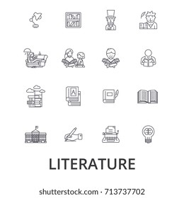 Literature, book, writing, library, music, reading, english, letter, history line icons. Editable strokes. Flat design vector illustration symbol concept. Linear isolated signs