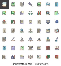 Literature books filled outline icons set, line vector symbol collection, linear colorful pictogram pack. Signs, logo illustration, Set includes icons as Reading Book, Letter, Bookshelf, Manuscript