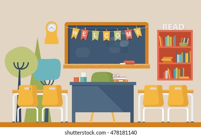 Literature classroom interior in school or college with welcome letters on flags over blackboard with chalk, desks and chairs, clock and books on shelf. study and learning, pedagogy and scholarship