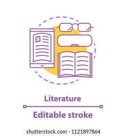 Literature concept icon. Library idea thin line illustration. Books reading. Vector isolated outline drawing. Editable stroke