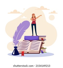 Literature Concept. World Poetry Day, Story Told And Written. Tiny Woman Stands On Stack Of Books, Public Speaking, Ink And Pen, Reading Poem. Writing Profession Vector Cartoon Flat Concept