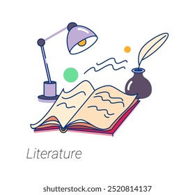 Literature discipline in school, studies and education. Vector isolated flat cartoon of open book, ink and feather under table lamp. Education and studying of literacy and writing techniques