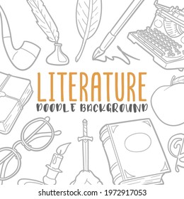 Literature Doodle Banner Icon. Education School Vector Illustration Hand Drawn Art. Line Symbols Sketch Background.
