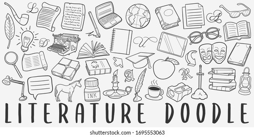 Literature Doodle Line Art Illustration. Hand Drawn Vector Clip Art. Banner Set Logos.