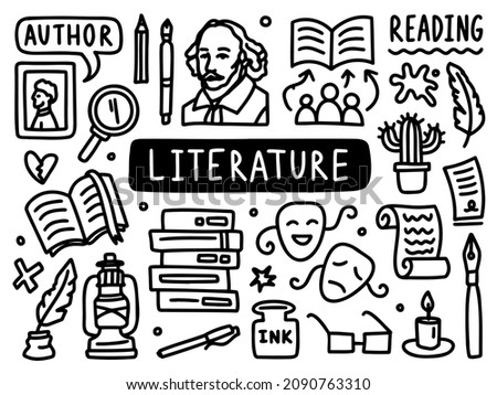Literature doodle line set school university. Outline subject. Vector illustration