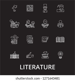 Literature editable line icons vector set on black background. Literature white outline illustrations, signs, symbols