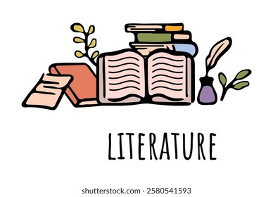 Literature education in school, college or university. Vector flat cartoon icons for students curriculum. Books and fiction reading, novels and writing activities. Literacy and love for texts