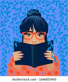 Hincha literaria. Hermosa chica con libro. Chica a la que le encanta leer.  Concepto de lectura de libros. Dibujo vectorial plano.