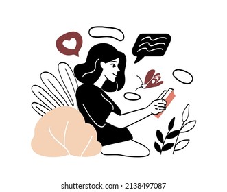 Literature fan with books abstract concept. Young woman sitting outdoors and reading text book with story or novel. Recreation or study in nature. Cartoon flat vector illustration in doodle style