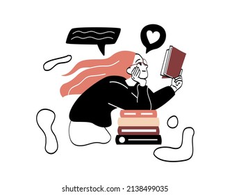 Literature fan with books abstract concept. Young woman with glasses sitting next to stack of books and reading romantic story. Lover of novels. Cartoon flat vector illustration in doodle style