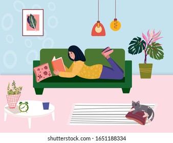 Literature fan is lying on couch and read book. Woman is reading textbook on the sofa, in hygge living room. Student preparing to exam. Cute vector cartoon illustration with relax girl in the bed.