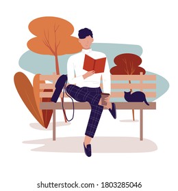 Literature fan. Stylish young man sits on a park bench, reads a book and drinks coffee. Exam preparation, study or lunch break. Isolated vector illustration