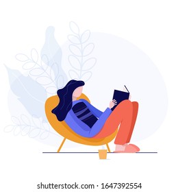 Literature fans or lovers concept. Woman sits in the armchair and read book alone. Student read textbook before exams. 