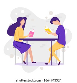 Literature fans. Set of book lovers, readers, modern literature fans. Literature fans and students. Boy and girl reading or students studying and preparing for examination.