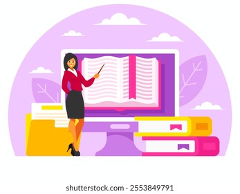 Literature female teacher. Female teacher in glasses stands with a pointer. Digital Library concept. Online book application. E-Library. Digital bookstore. Web archive. Vector graphics