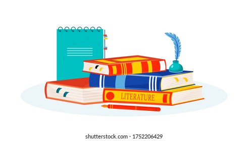 Literature flat concept vector illustration. Books reading. Creative writing. School subject. Storytelling study metaphor. Textbooks stack, notepad and inkwell 2D cartoon objects