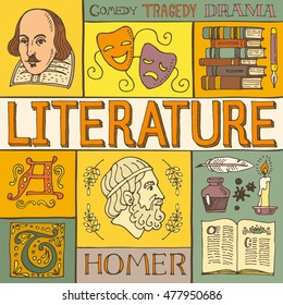 Literature hand drawn colorful vector poster with doodle icons, images and objects, isolated on background.